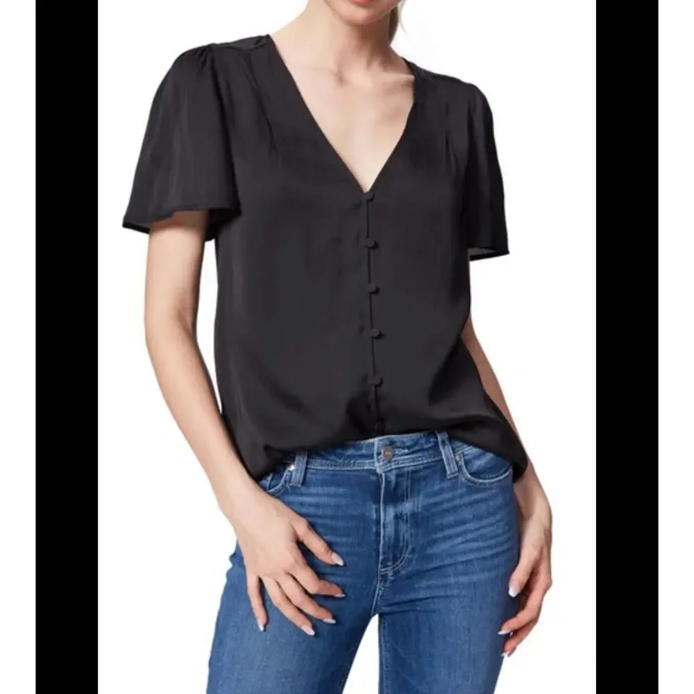 Paige Kelly Button-Front Short-Sleeve Top In Black size Medium NEW